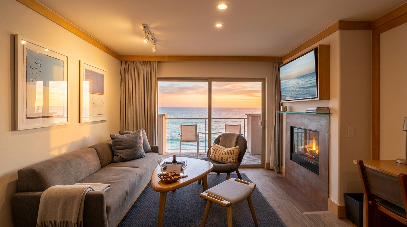 Malibu Beach Inn living room with fireplace